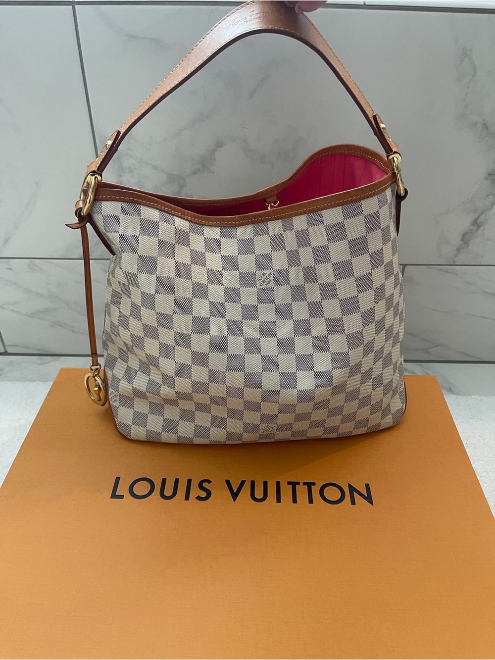 Louis Vuitton Damier Azur Shoulder Bag with Pink Interior and Tan Trim